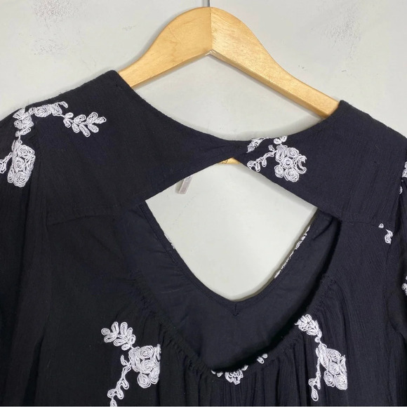 Free People Black White Gauze Boho Floral Embroidered Mini Dress Size XS - Picture 9 of 11